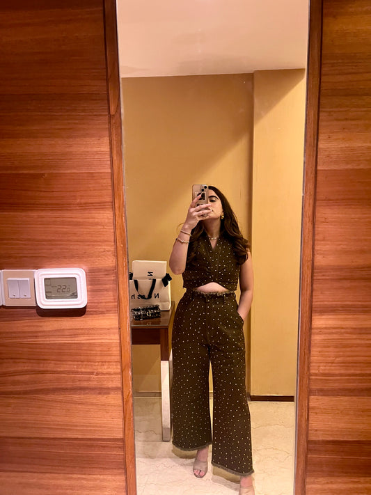 Brown denim front gathered co-ord set