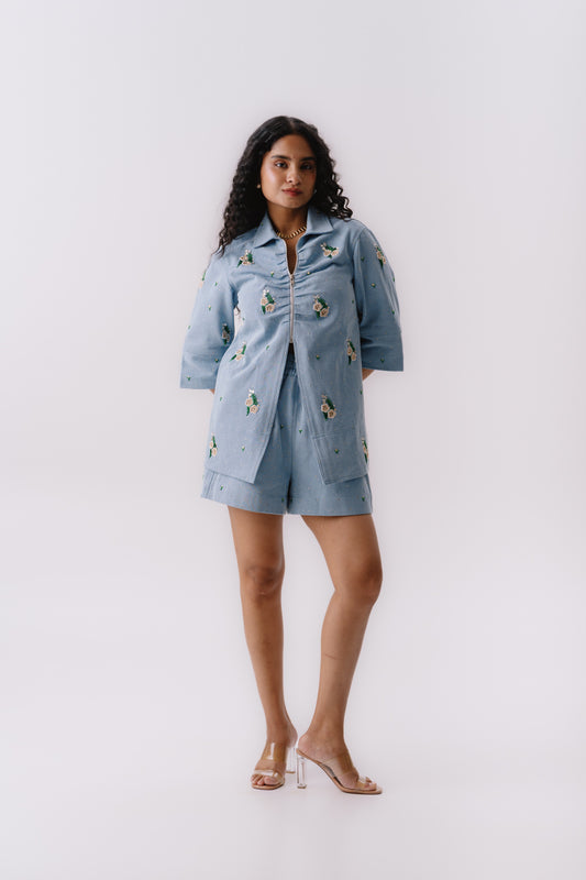 Front zipper Embroidered denim set