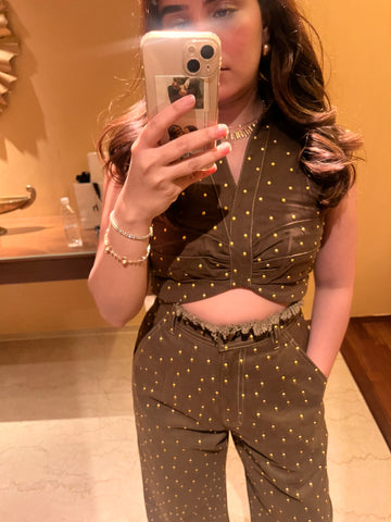 Brown denim front gathered co-ord set