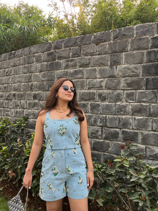 Floral embroidered denim co-ord set