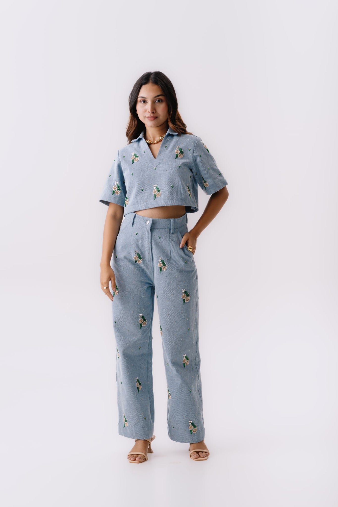 Light Denim cropped top embroidered co-ord set