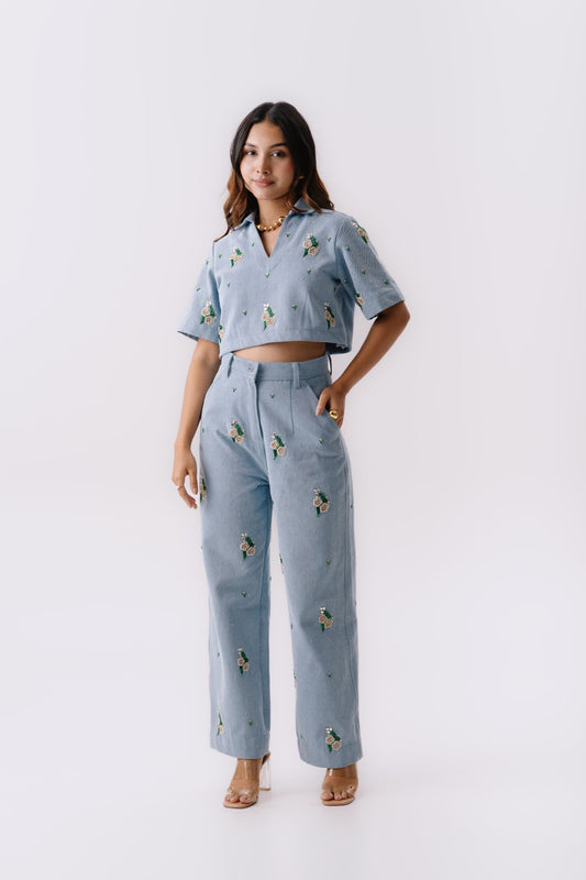 Light Denim cropped top embroidered co-ord set