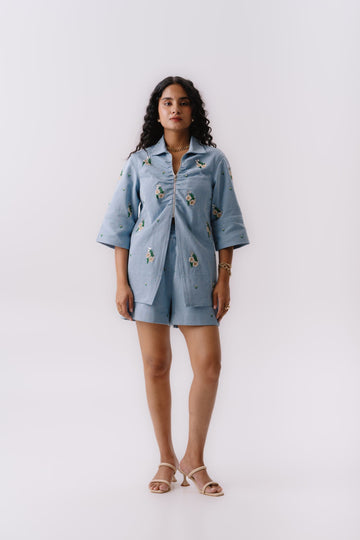 Light denim front zipper embroidered set