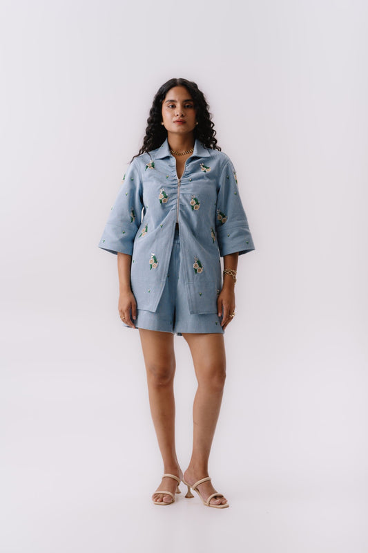 Light denim front zipper embroidered set