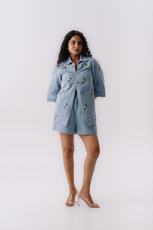 Light denim front zipper embroidered set