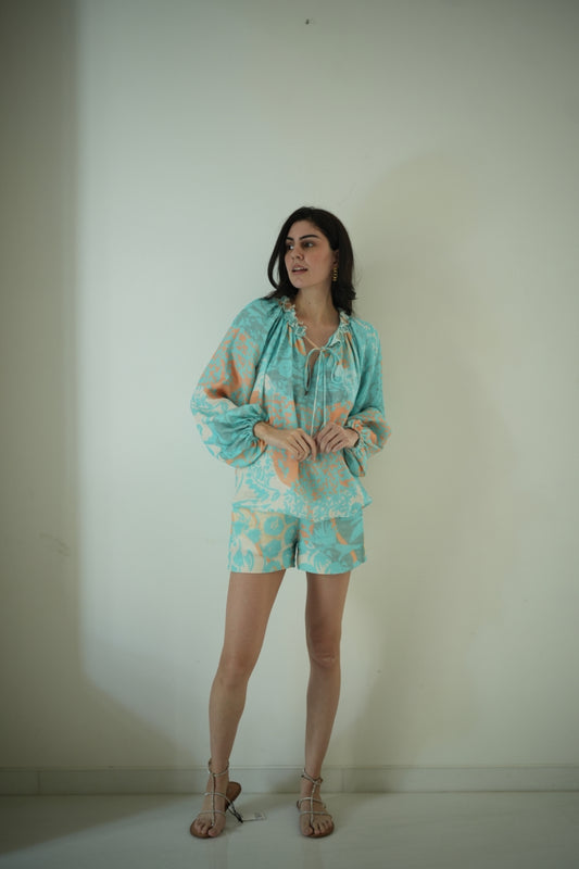AQUA EMBROIDERED CO -ORD SET