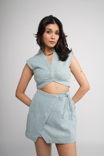 Light denim layered bust details skirt set