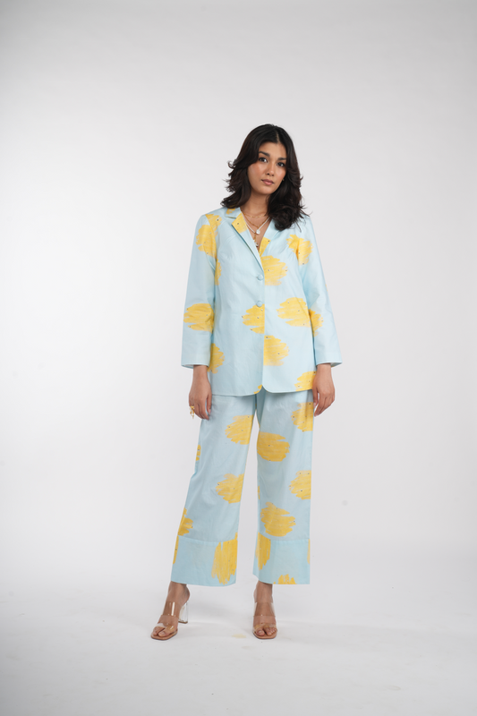 Sky blue yellow stroke blazer set