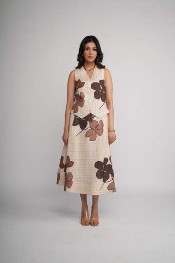 Abstract brown flower skirt set