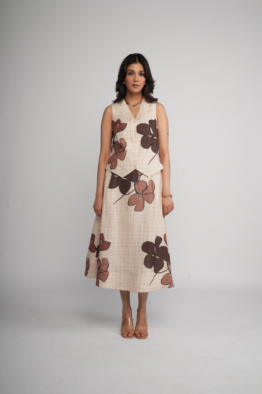 Abstract brown flower skirt set