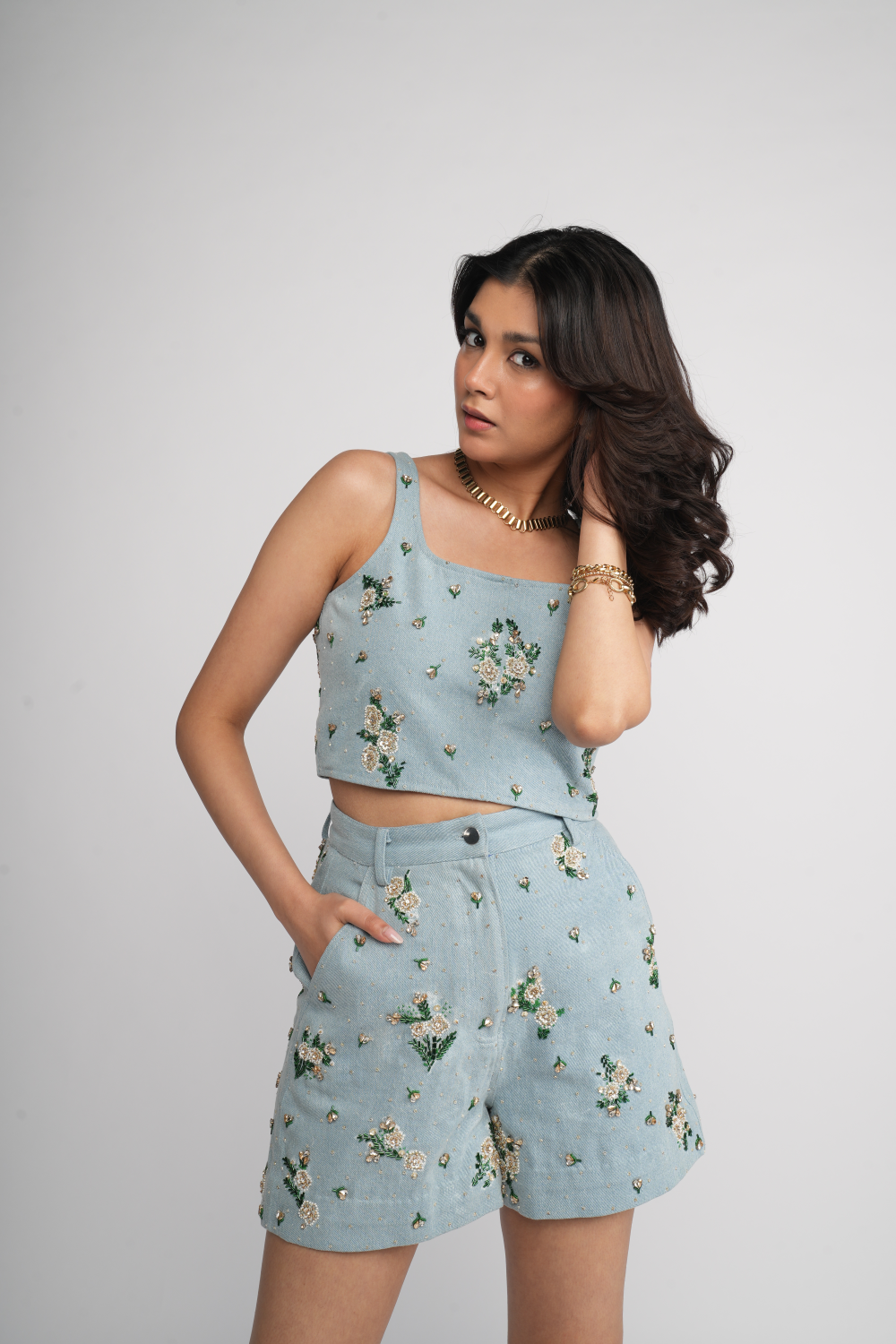 Light denim Emboirdered crop top set