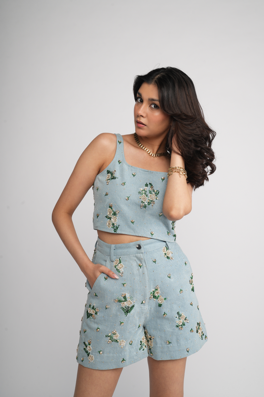 Light denim Emboirdered crop top set